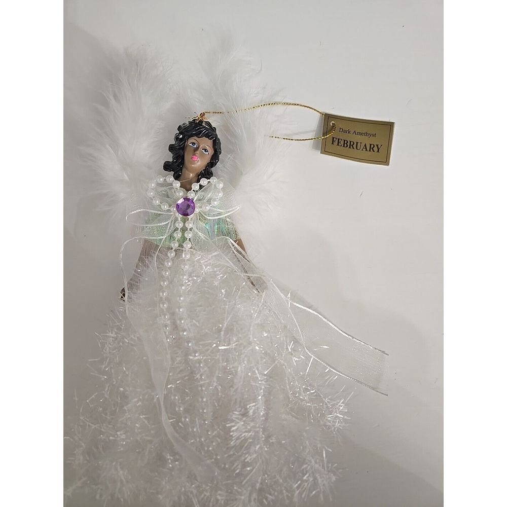 Christmas Holiday White Feathered Angel February Birth Stone Ornament NWT